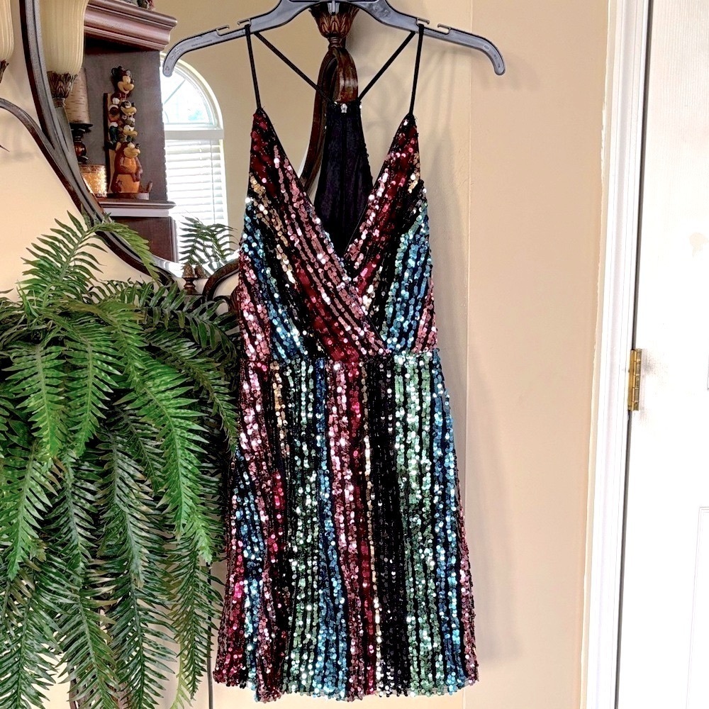 Venus Sparkly Rainbow Striped Sequin Colorful Cocktail Dress Spaghetti Strap - Picture 15 of 15